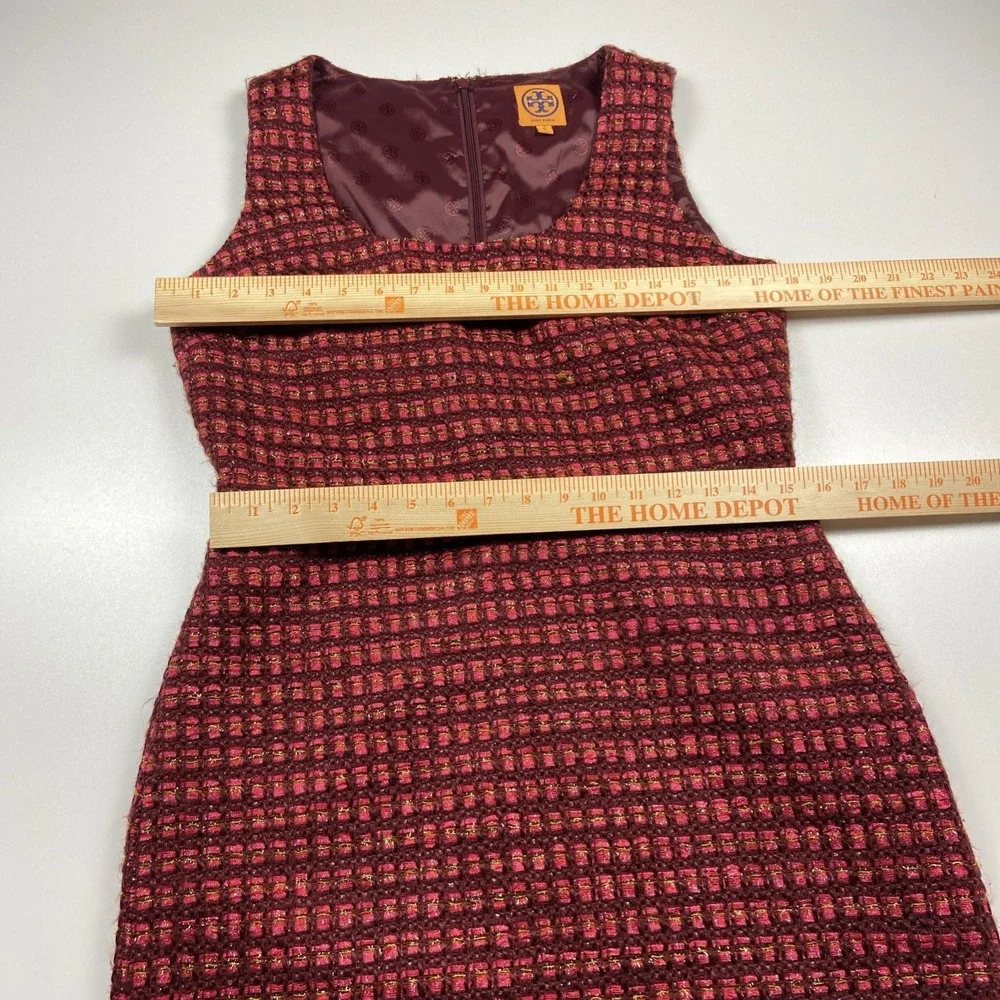 Tory Burch Victory Sheath Sleeveless Dress Sz 8 Red Plaid Wool Blend Lined Tweed